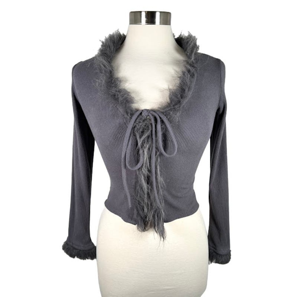 Astonishing Power Women's Faux Fur Rib Cardigan S Gray Tie Front Cozy Knit Y2K